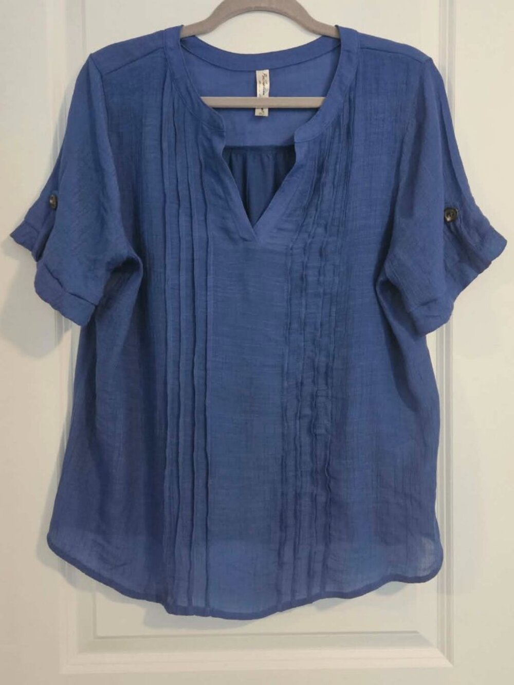 PerSeption Concept Blue Pintuck Blouse XL Shimmer Gauze Roll Tab Sleeve Top